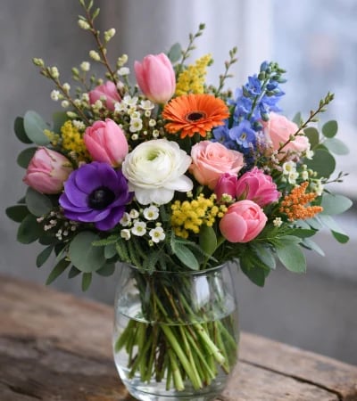 Bunte Blumensträuße in einer Glasvase mit rosa Tulpen, weißen Rosen, orangefarbenen Gerbera und blauen Rittersporn