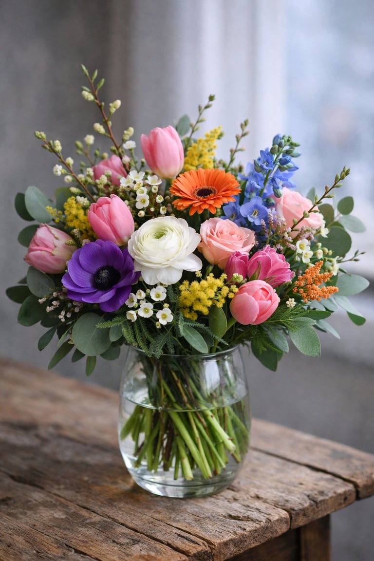 Colorful bouquet of mixed flowers including tulips, roses, and daisies arranged in a clear glass vase on a wooden table